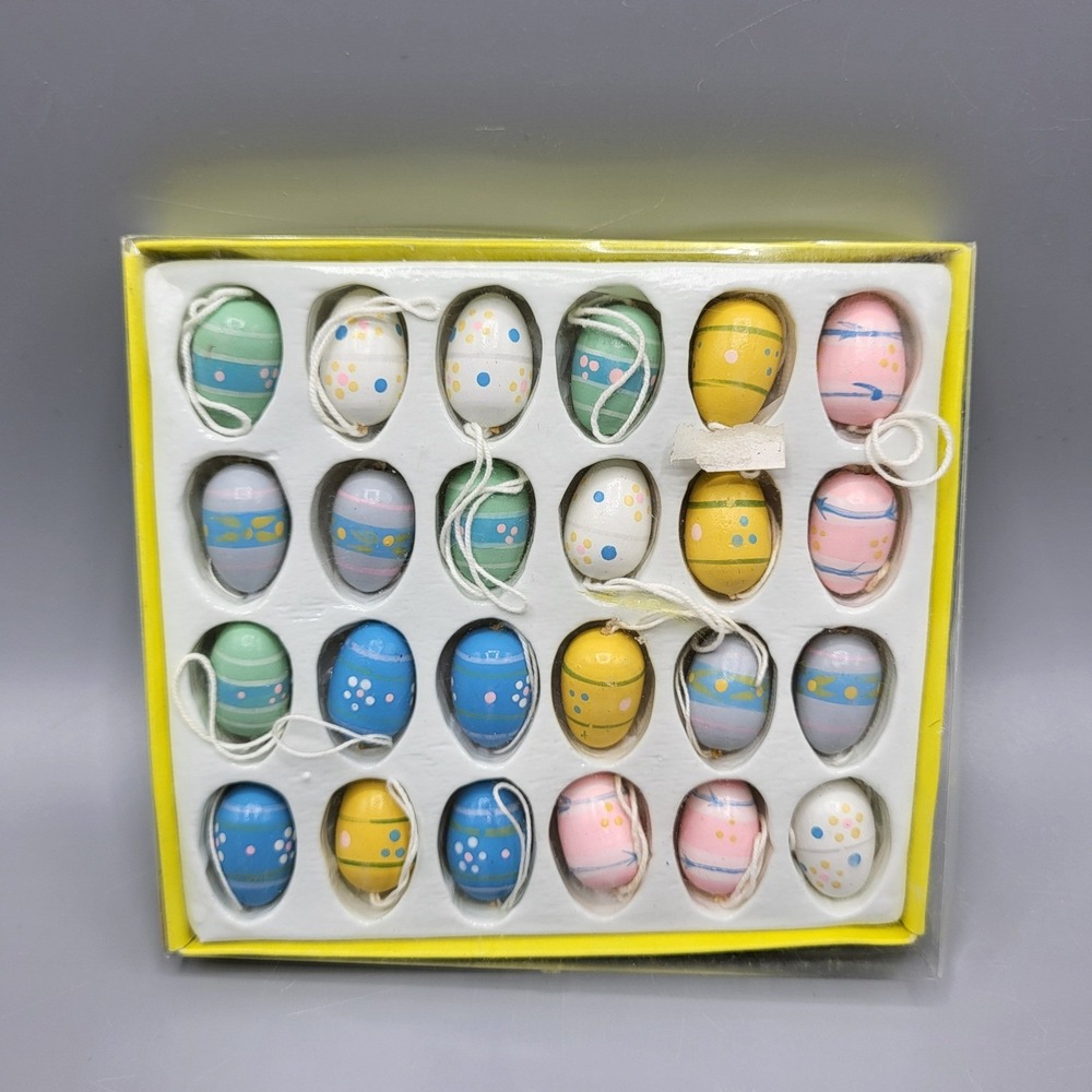 Wooden Easter Egg Ornaments Set of 24 Miniature Hand Painted Pastel Multi